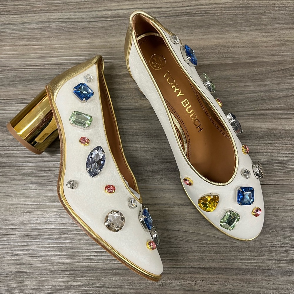RARE!!! NIB Tory Burch White and Gold Heels with Crystal Jewel Embellishment